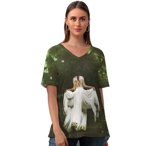 yanfind V Neck T-shirt for Women Fantasy Wallpapers Angel Wedding Dress Free Girls Pictures Bride Fairy Bridal Summer Top  Short Sleeve Casual Loose
