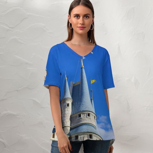 yanfind V Neck T-shirt for Women Castle Bay Amusement Building Upon Wallpapers Lake Architecture Make Happily Once Summer Top  Short Sleeve Casual Loose