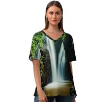 yanfind V Neck T-shirt for Women Simon Bardet Waterfall Forest Rocks Summer Top  Short Sleeve Casual Loose
