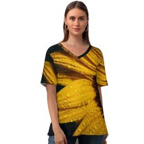 yanfind V Neck T-shirt for Women Sharon Pittaway Flowers Sunflower Rain Droplets Summer Top  Short Sleeve Casual Loose