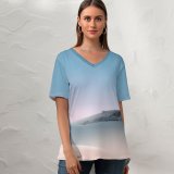 yanfind V Neck T-shirt for Women Sand Dunes Desert Clear Sky Sunny Daylight Microsoft Summer Top  Short Sleeve Casual Loose