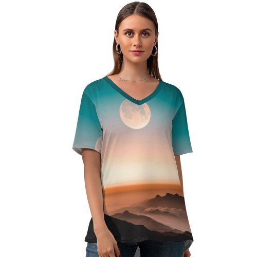 yanfind V Neck T-shirt for Women Bloodmoon Space Night Mist Bigmoon Outer Astronomy Sky Wallpapers Mornings Mountain Summer Top  Short Sleeve Casual Loose