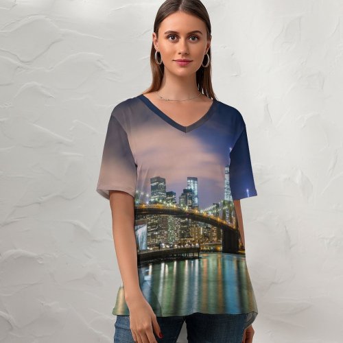 yanfind V Neck T-shirt for Women Danny García Brooklyn Bridge York Cityscape City Lights Reflections Skyscrapers Suspension Bridge Summer Top  Short Sleeve Casual Loose