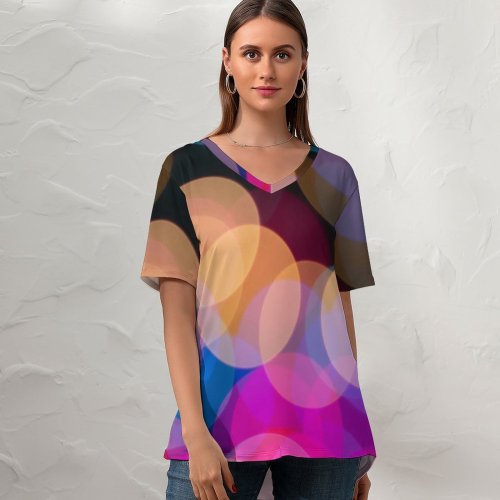 yanfind V Neck T-shirt for Women Lights Bokeh Glowing Lights Vibrant Blurred Circles Texture Backdrop Summer Top  Short Sleeve Casual Loose