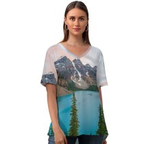 yanfind V Neck T-shirt for Women Johny Goerend Snow Mountains Glacier Valley River Landscape Trees Scenic Summer Top  Short Sleeve Casual Loose