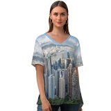 yanfind V Neck T-shirt for Women Hong Kong City Victoria Peak Cityscape Daytime Aerial Skyscrapers Clouds Harbor Summer Top  Short Sleeve Casual Loose