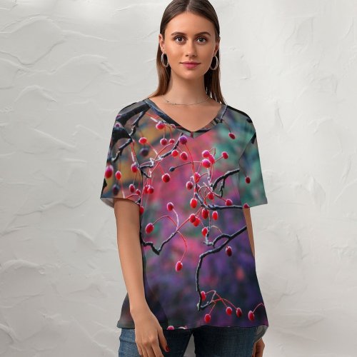 yanfind V Neck T-shirt for Women Autumn HQ Petal Public Wallpapers Plant Tree Fruits Berries Pictures Cherry Summer Top  Short Sleeve Casual Loose