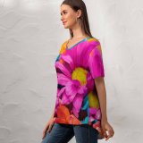 yanfind V Neck T-shirt for Women Flowers Dahlia Flowers Colorful Bloom Vibrant Summer Top  Short Sleeve Casual Loose
