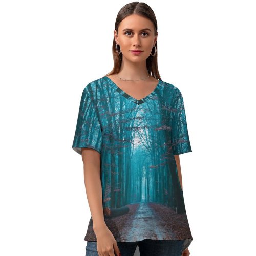 yanfind V Neck T-shirt for Women Fall Foliage Bare Trees Path Forest Morning Scenic Atmosphere Summer Top  Short Sleeve Casual Loose
