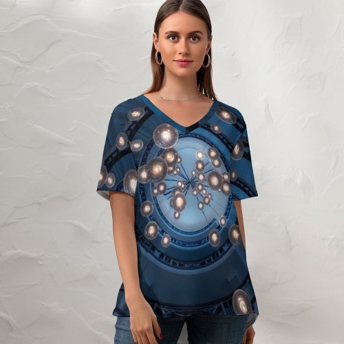 yanfind V Neck T-shirt for Women Otto Berkeley Spiral Staircase Look Lights Interior Summer Top  Short Sleeve Casual Loose