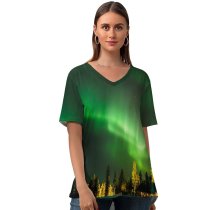 yanfind V Neck T-shirt for Women Aurora Borealis Aurora Sky Night Summer Top  Short Sleeve Casual Loose