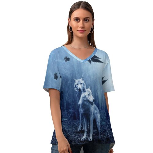 yanfind V Neck T-shirt for Women Comfreak Black Dark Wolf Forest Dark Predator Wild Tree Trunks Sun Light Summer Top  Short Sleeve Casual Loose