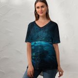 yanfind V Neck T-shirt for Women Grafixart Forest River Night Dark Magical Crescent Moon Fairies Summer Top  Short Sleeve Casual Loose