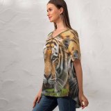 yanfind V Neck T-shirt for Women Bengal Tiger Big Cat Predator Wild Summer Top  Short Sleeve Casual Loose