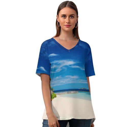 yanfind V Neck T-shirt for Women Baros Maldives Island Seascape Tropical Beach Sky Horizon Ocean Landscape Huts Scenery Summer Top  Short Sleeve Casual Loose