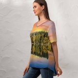 yanfind V Neck T-shirt for Women Bruno Glätsch Forest Trees Sunset Sky Mirror Lake Reflection Landscape Scenery Afterglow Summer Top  Short Sleeve Casual Loose