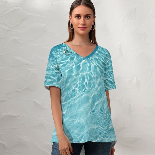 yanfind V Neck T-shirt for Women Texture Shining Light Pool Summer Hot Aqua Turquoise Azure Resources Wave Wind Summer Top  Short Sleeve Casual Loose
