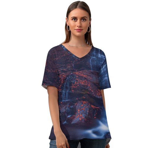 yanfind V Neck T-shirt for Women GoMustang Moss Glen Falls Waterfall Rocks Stowe Vermont USA Summer Top  Short Sleeve Casual Loose