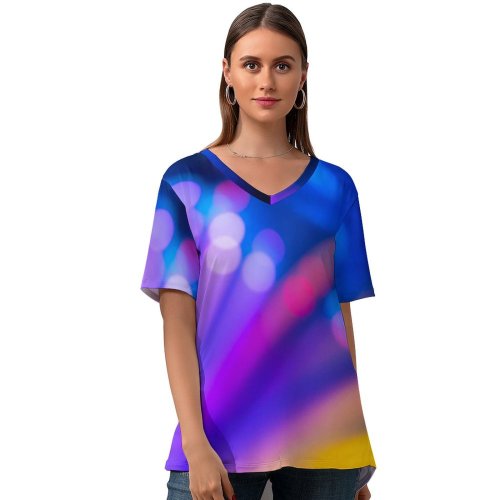 yanfind V Neck T-shirt for Women William Warby Abstract Bokeh Lights Multicolor Colorful Summer Top  Short Sleeve Casual Loose