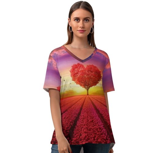 yanfind V Neck T-shirt for Women Elena Dudina Heart Tree Flower Garden Flowers Landscape Scenery Beautiful Birds Sunrise Summer Top  Short Sleeve Casual Loose