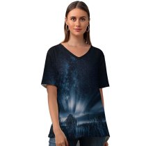 yanfind V Neck T-shirt for Women Grafixart Black Dark Starry Sky Northern Lights Dark Night Landscape Summer Top  Short Sleeve Casual Loose