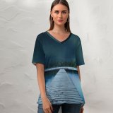 yanfind V Neck T-shirt for Women Jetty Wooden Pier Lake Aurora Borealis Clear Sky Trees Stars Summer Top  Short Sleeve Casual Loose
