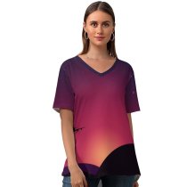 yanfind V Neck T-shirt for Women Chiara Lily Plane Sunset Starry Sky Sky Summer Top  Short Sleeve Casual Loose