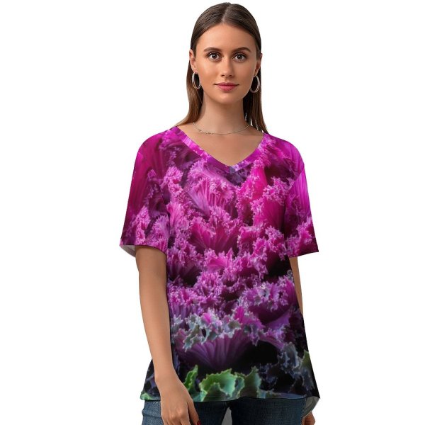 yanfind V Neck T-shirt for Women Joe DeSousa Ornamental Kale Leaves Ornamental Cabbage Plant Summer Top  Short Sleeve Casual Loose