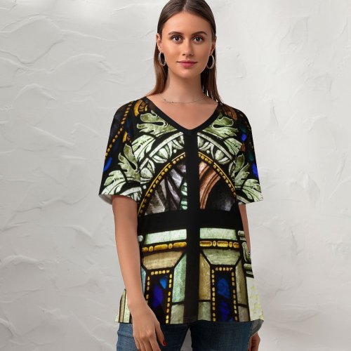 yanfind V Neck T-shirt for Women Vitral Glass Art Crafts Window Light Venezuela Alemania Colony Tovar Paintings Translucent Summer Top  Short Sleeve Casual Loose