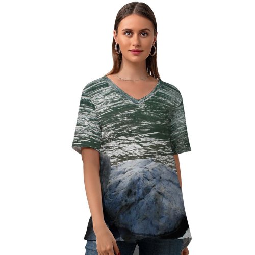 yanfind V Neck T-shirt for Women Stone Rock Ripples Reflection Deep Venture Drops Drip Wet Slippery Wind Moving Summer Top  Short Sleeve Casual Loose