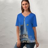 yanfind V Neck T-shirt for Women Castle Bay Amusement Building Upon Wallpapers Lake Architecture Make Happily Once Summer Top  Short Sleeve Casual Loose