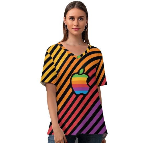 yanfind V Neck T-shirt for Women Technology Colorful Stripes Multicolor Summer Top  Short Sleeve Casual Loose