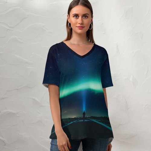 yanfind V Neck T-shirt for Women Jonatan Pie Aurora Borealis Northern Lights Light Beam Night Time Country Road Summer Top  Short Sleeve Casual Loose