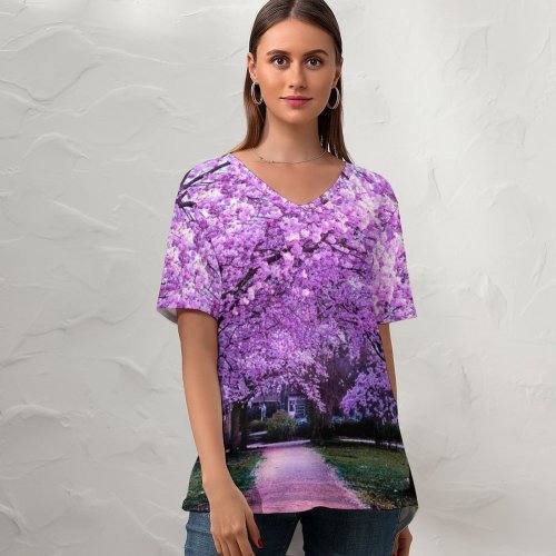 yanfind V Neck T-shirt for Women Cherry Blossom Trees Purple Flowers Pathway Park Floral Colorful Spring Beautiful Summer Top  Short Sleeve Casual Loose