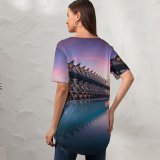 yanfind V Neck T-shirt for Women William Warby City Sciences Valencia Spain Sunrise Pool Reflection Architecture Summer Top  Short Sleeve Casual Loose