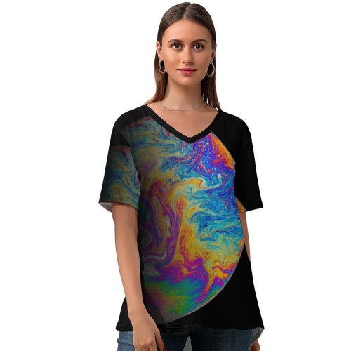 yanfind V Neck T-shirt for Women Daniel Olah Space Black Dark Planet Astronomy Outer Space Colorful Summer Top  Short Sleeve Casual Loose