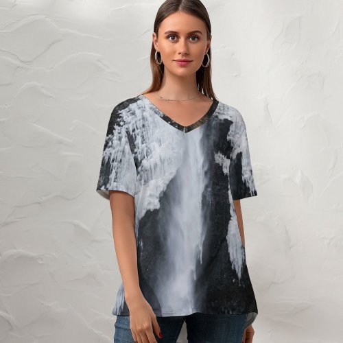 yanfind V Neck T-shirt for Women Cliff Fog Mood River Public Snow Wallpapers Mountain Outdoors Snowy Winter Summer Top  Short Sleeve Casual Loose