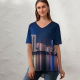 yanfind V Neck T-shirt for Women GoMustang Qingdao China Night Cityscape City Lights Reflections Summer Top  Short Sleeve Casual Loose