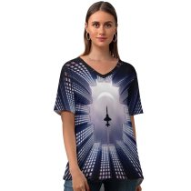 yanfind V Neck T-shirt for Women Chiara Lily Jet Fighter Moon Buildings Summer Top  Short Sleeve Casual Loose