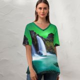 yanfind V Neck T-shirt for Women Andrés Nieto Porras Kirkjufell Aurora Borealis Northern Lights Iceland Mountain Waterfalls Landscape Summer Top  Short Sleeve Casual Loose