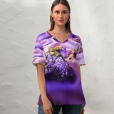 yanfind V Neck T-shirt for Women Romain Guy Stream Moss Purple Exposure Rock Gradient Beautiful Summer Top  Short Sleeve Casual Loose