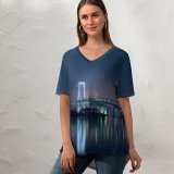 yanfind V Neck T-shirt for Women Nihongraphy Rainbow Bridge Tokyo Japan Suspension Bridge Waterfront Silhouette Cityscape City Lights Summer Top  Short Sleeve Casual Loose
