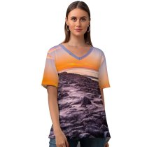 yanfind V Neck T-shirt for Women Lighthouse Beach Rocky Coast Sunset Hour Summer Top  Short Sleeve Casual Loose