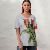 yanfind V Neck T-shirt for Women Arrangement Wallpapers Vase Plant Bouquet Blossom Flower Tulip Tulips Petal Free Summer Top  Short Sleeve Casual Loose
