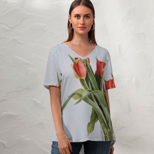 yanfind V Neck T-shirt for Women Arrangement Wallpapers Vase Plant Bouquet Blossom Flower Tulip Tulips Petal Free Summer Top  Short Sleeve Casual Loose