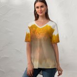 yanfind V Neck T-shirt for Women Autumn Trees Sunflare Sunrise Reflection Lake Morning Fog Summer Top  Short Sleeve Casual Loose