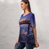 yanfind V Neck T-shirt for Women GoMustang Bay Bridge San Francisco–Oakland Bay Bridge Night City Lights Urban Summer Top  Short Sleeve Casual Loose