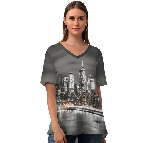 yanfind V Neck T-shirt for Women Lerone Pieters Manhattan Bridge Brooklyn Cityscape Night City Lights York City USA Summer Top  Short Sleeve Casual Loose