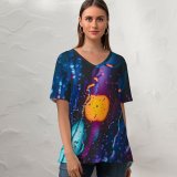 yanfind V Neck T-shirt for Women Rain Lights Bokeh Blur Glass Drops Summer Top  Short Sleeve Casual Loose