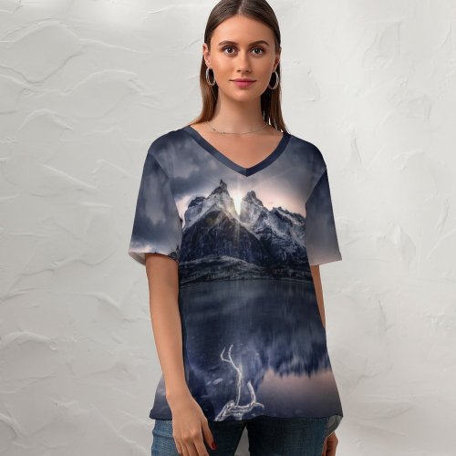 yanfind V Neck T-shirt for Women Grafixart Mountain Sunlight Lake Reflection Morning Sunrise Summer Top  Short Sleeve Casual Loose